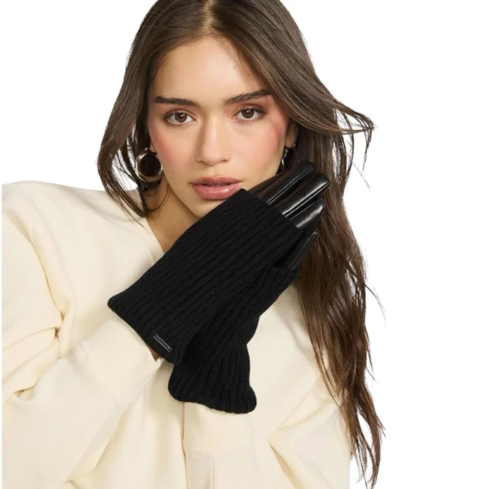 Steve Madden Faux Leather & Charcoal Knit Contrast Gloves